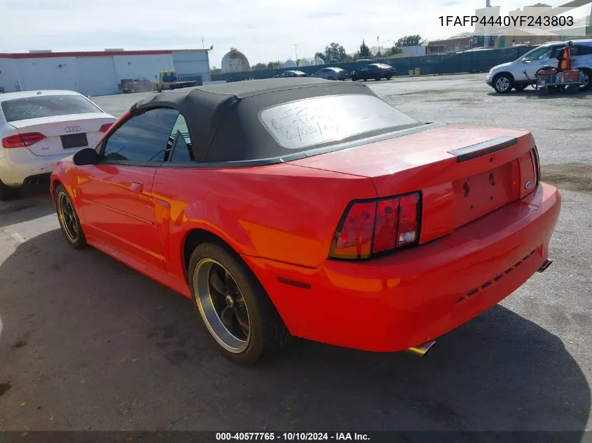 2000 Ford Mustang VIN: 1FAFP4440YF243803 Lot: 40577765