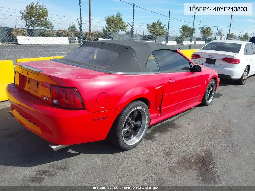 2000 Ford Mustang VIN: 1FAFP4440YF243803 Lot: 40577765