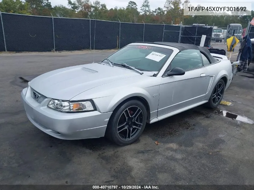 2000 Ford Mustang Gt VIN: 1FAFP45X0YF301692 Lot: 40710797