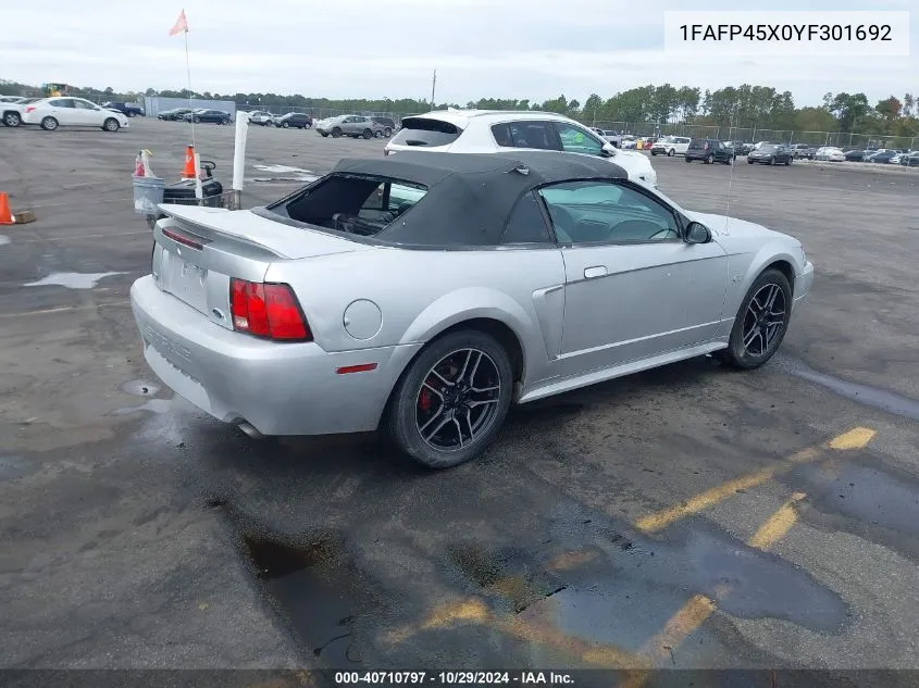 2000 Ford Mustang Gt VIN: 1FAFP45X0YF301692 Lot: 40710797