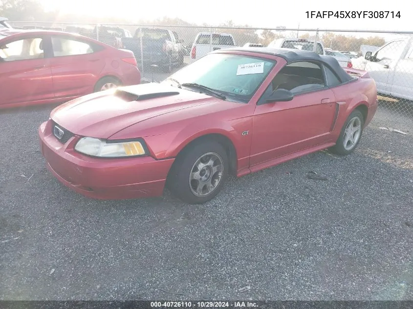 2000 Ford Mustang Gt VIN: 1FAFP45X8YF308714 Lot: 40726110