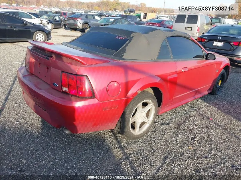 2000 Ford Mustang Gt VIN: 1FAFP45X8YF308714 Lot: 40726110