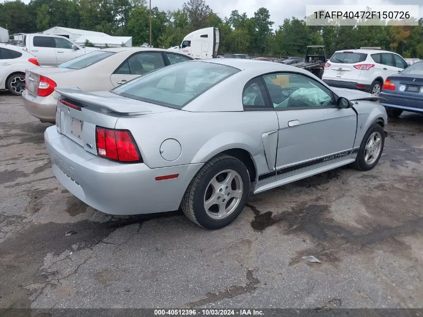 2002 Ford Mustang VIN: 1FAFP40472F150726 Lot: 40512396