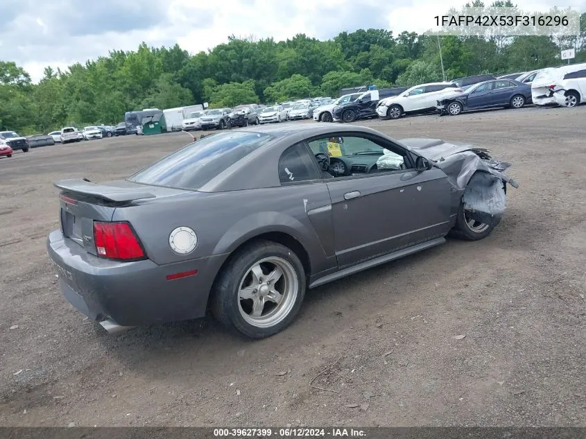 2003 Ford Mustang Gt VIN: 1FAFP42X53F316296 Lot: 39627399