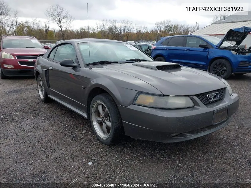 2003 Ford Mustang Gt VIN: 1FAFP42XX3F381922 Lot: 40755487