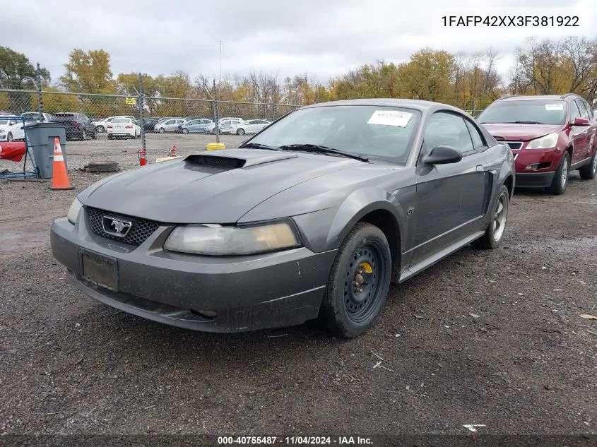 2003 Ford Mustang Gt VIN: 1FAFP42XX3F381922 Lot: 40755487