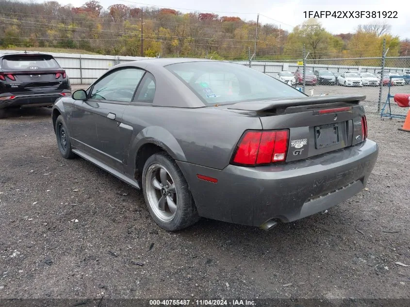 2003 Ford Mustang Gt VIN: 1FAFP42XX3F381922 Lot: 40755487