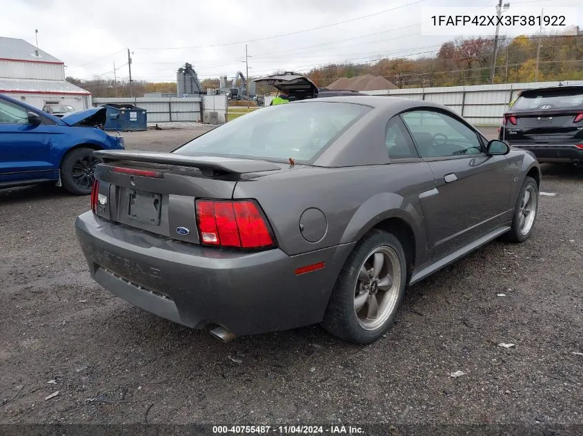 2003 Ford Mustang Gt VIN: 1FAFP42XX3F381922 Lot: 40755487