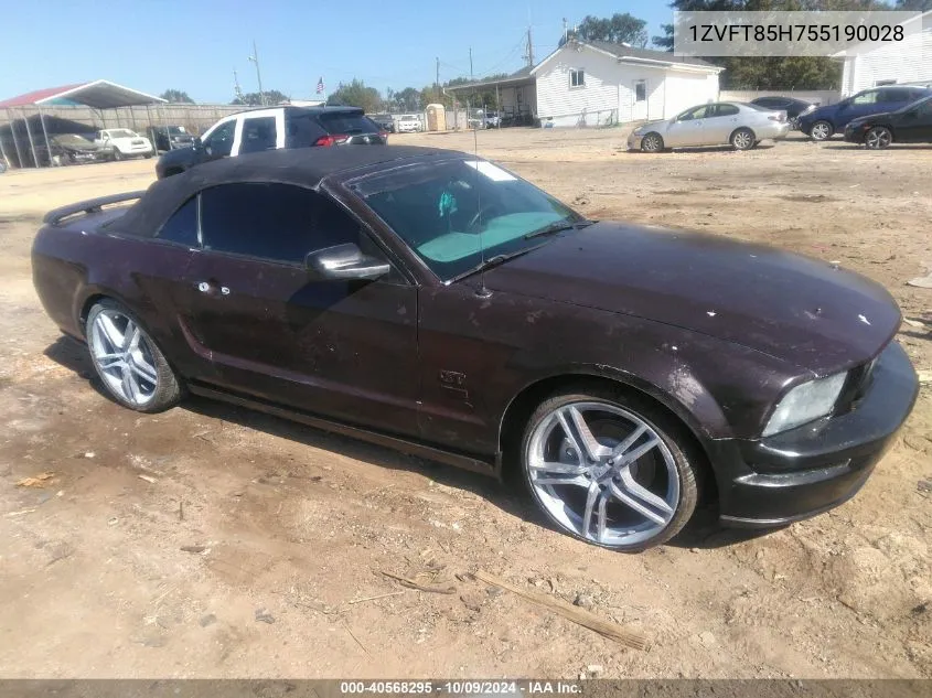 2005 Ford Mustang Gt VIN: 1ZVFT85H755190028 Lot: 40568295