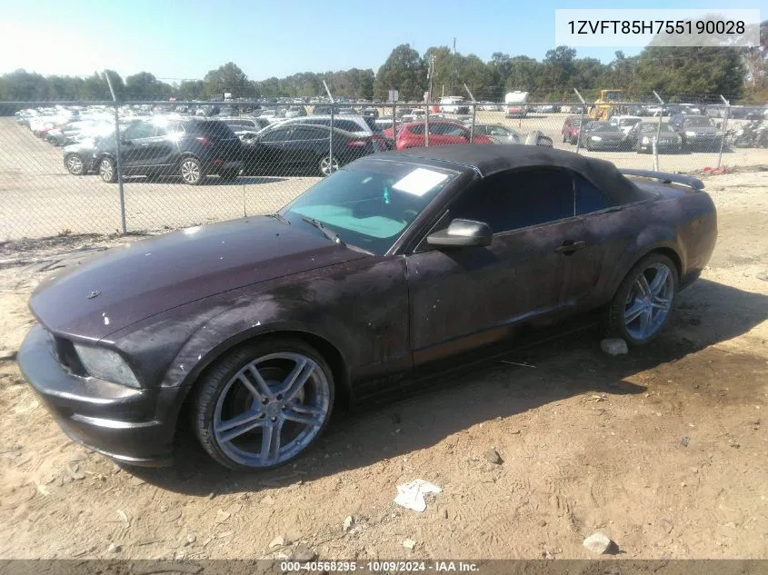 2005 Ford Mustang Gt VIN: 1ZVFT85H755190028 Lot: 40568295