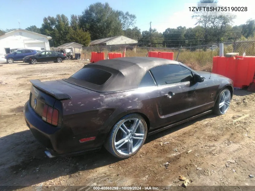 2005 Ford Mustang Gt VIN: 1ZVFT85H755190028 Lot: 40568295