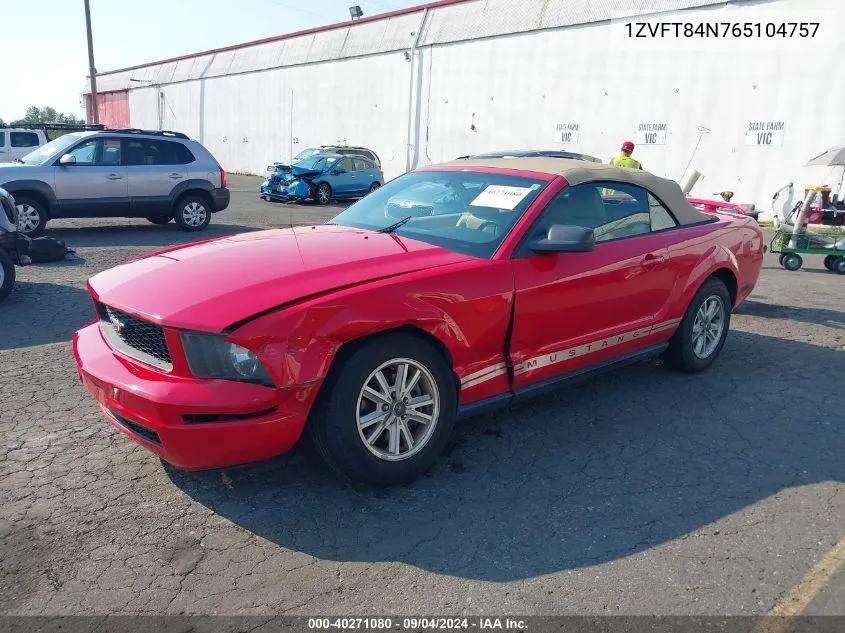 2006 Ford Mustang V6 VIN: 1ZVFT84N765104757 Lot: 40271080