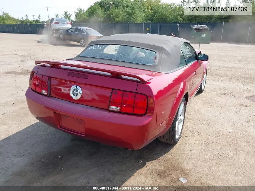 2006 Ford Mustang V6 VIN: 1ZVFT84N865107439 Lot: 40317944