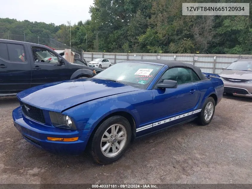 2006 Ford Mustang V6 VIN: 1ZVFT84N665120934 Lot: 40337181