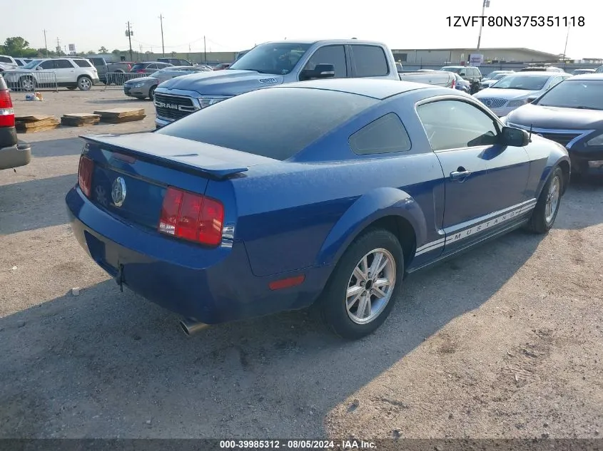 2007 Ford Mustang V6 Deluxe/V6 Premium VIN: 1ZVFT80N375351118 Lot: 39985312