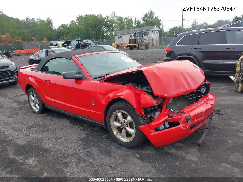 2007 Ford Mustang V6 Deluxe/V6 Premium VIN: 1ZVFT84N175370647 Lot: 40025084