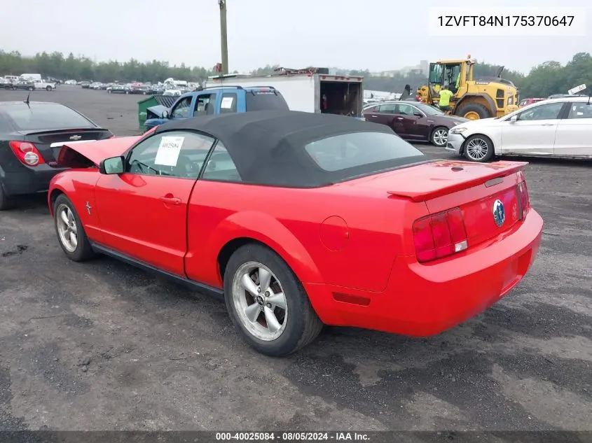 2007 Ford Mustang V6 Deluxe/V6 Premium VIN: 1ZVFT84N175370647 Lot: 40025084