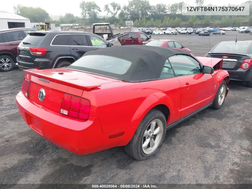 2007 Ford Mustang V6 Deluxe/V6 Premium VIN: 1ZVFT84N175370647 Lot: 40025084