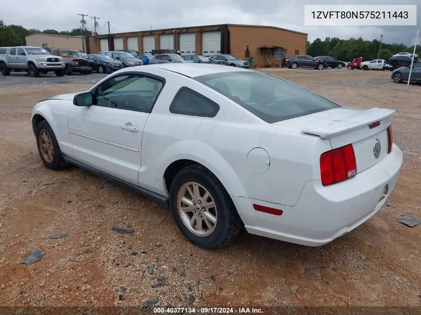 2007 Ford Mustang V6 Deluxe/V6 Premium VIN: 1ZVFT80N575211443 Lot: 40377134