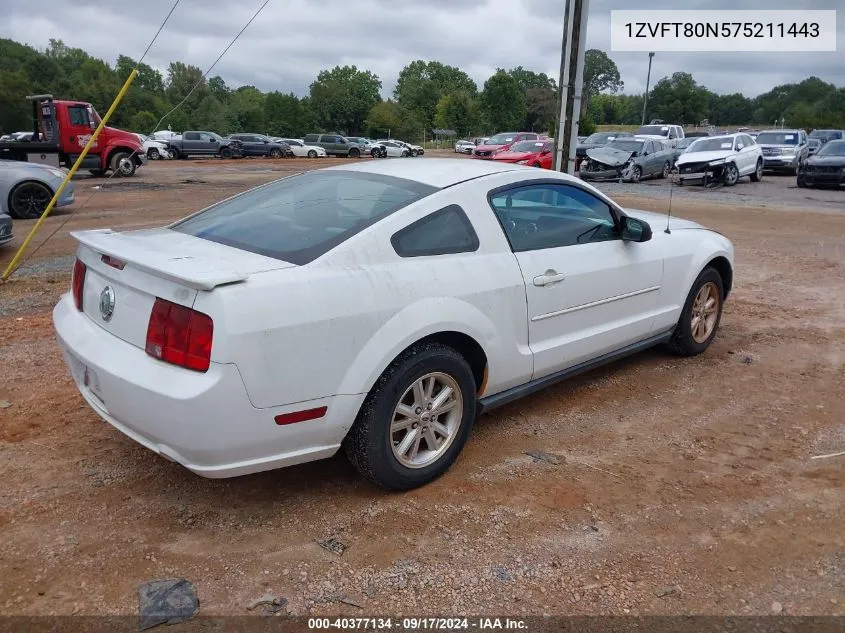 2007 Ford Mustang V6 Deluxe/V6 Premium VIN: 1ZVFT80N575211443 Lot: 40377134