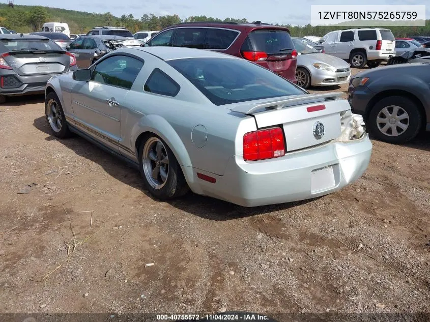 2007 Ford Mustang V6 Deluxe/V6 Premium VIN: 1ZVFT80N575265759 Lot: 40755572