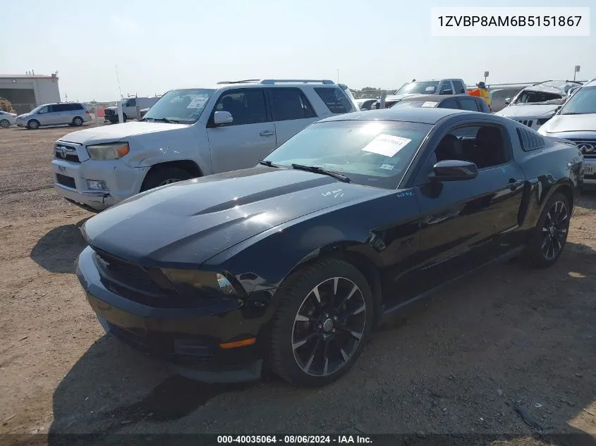 2011 Ford Mustang V6 Premium VIN: 1ZVBP8AM6B5151867 Lot: 40035064