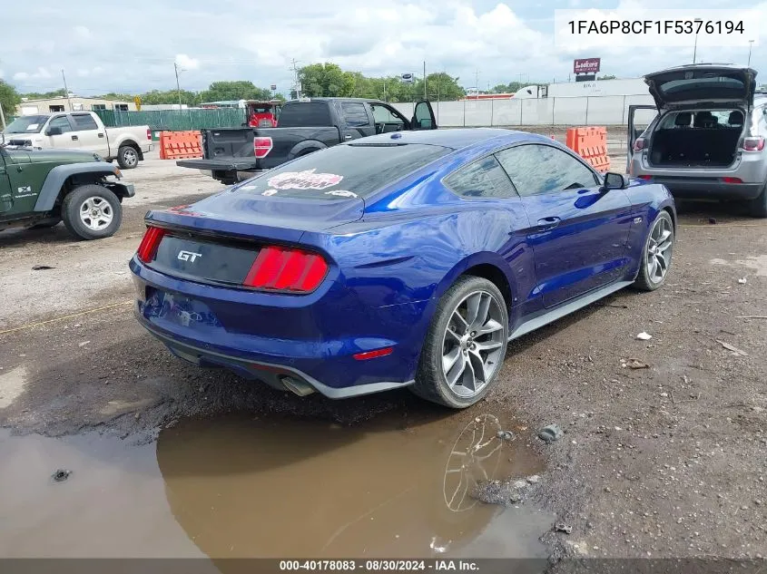 2015 Ford Mustang Gt Premium VIN: 1FA6P8CF1F5376194 Lot: 40178083