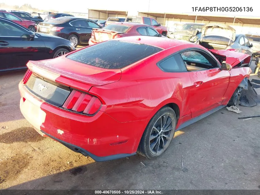 2016 Ford Mustang VIN: 1FA6P8TH0G5206136 Lot: 40670505