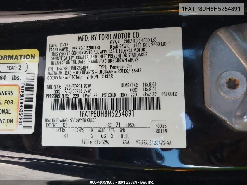 1FATP8UH8H5254891 2017 Ford Mustang Ecoboost Premium