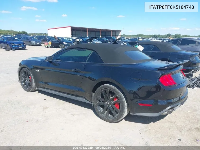 2019 Ford Mustang Gt Premium VIN: 1FATP8FF0K5184743 Lot: 40437289