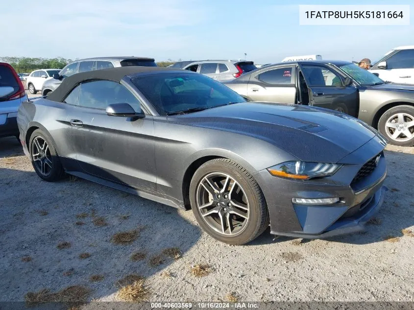 2019 Ford Mustang Ecoboost Premium VIN: 1FATP8UH5K5181664 Lot: 40603569