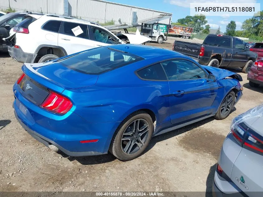 2020 Ford Mustang Ecoboost Fastback VIN: 1FA6P8TH7L5118081 Lot: 40155878