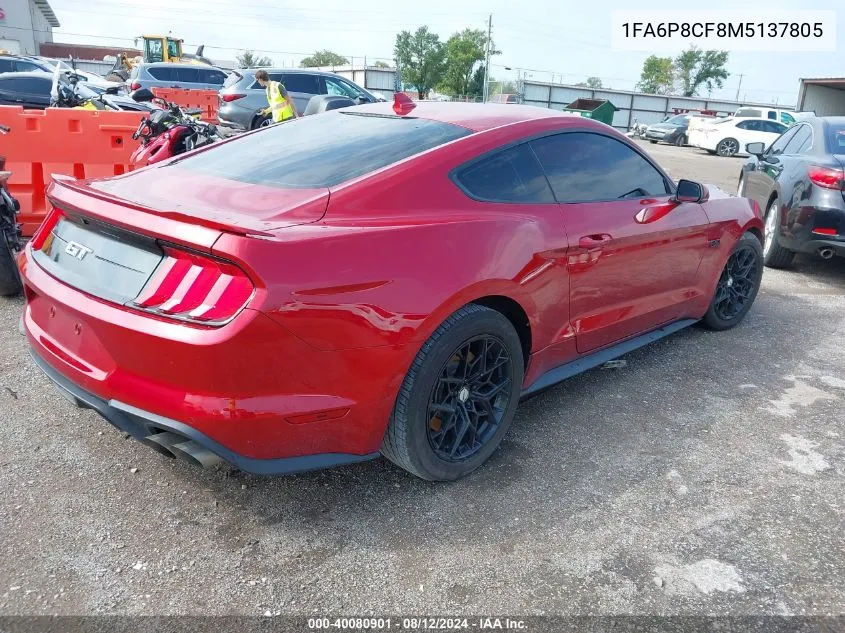 2021 Ford Mustang Gt Premium Fastback VIN: 1FA6P8CF8M5137805 Lot: 40080901