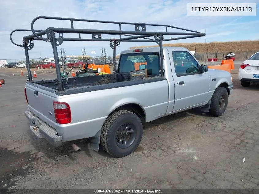 2003 Ford Ranger VIN: 1FTYR10YX3KA43113 Lot: 40762042