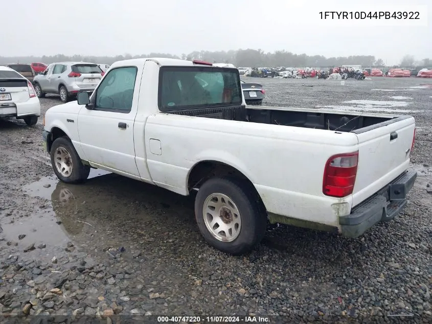 2004 Ford Ranger Xl/Xlt VIN: 1FTYR10D44PB43922 Lot: 40747220