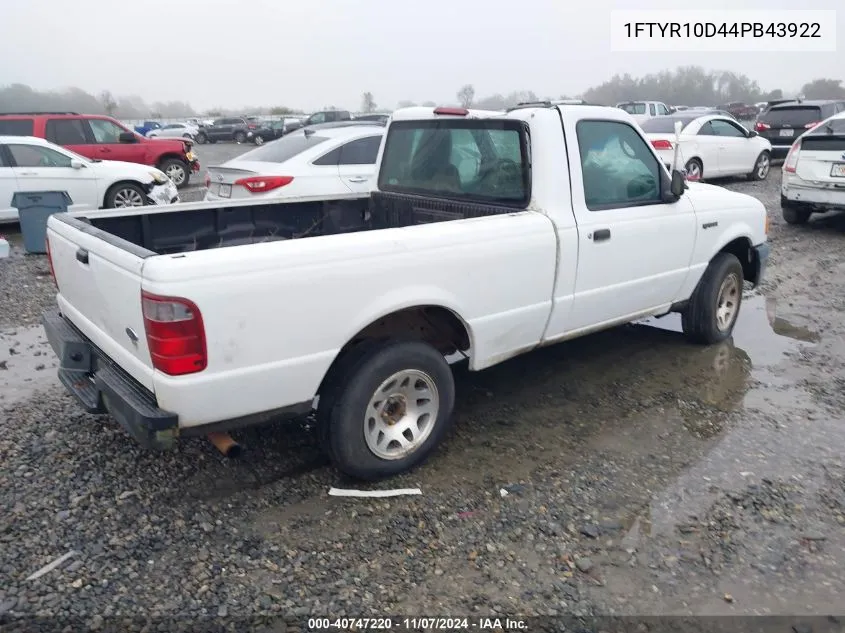 2004 Ford Ranger Xl/Xlt VIN: 1FTYR10D44PB43922 Lot: 40747220