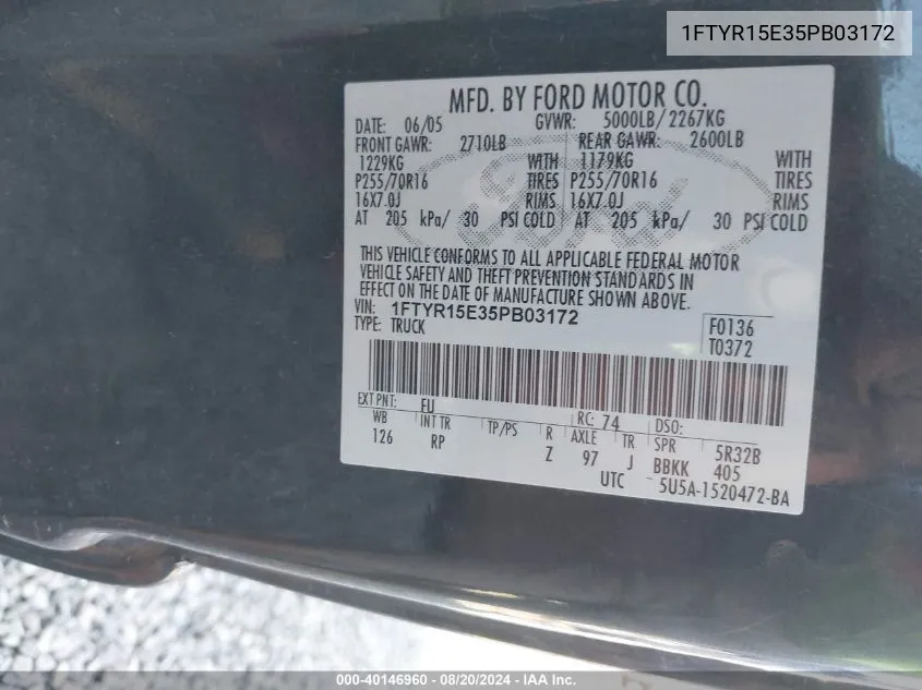 1FTYR15E35PB03172 2005 Ford Ranger Edge/Xl/Xlt