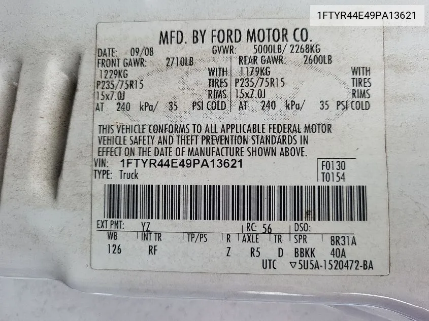 1FTYR44E49PA13621 2009 Ford Ranger Sport/Xlt