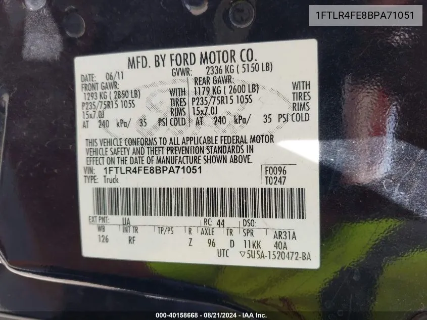 1FTLR4FE8BPA71051 2011 Ford Ranger Xlt