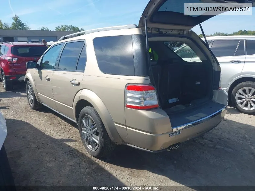 2008 Ford Taurus X Limited VIN: 1FMDK03W98GA07524 Lot: 40287174