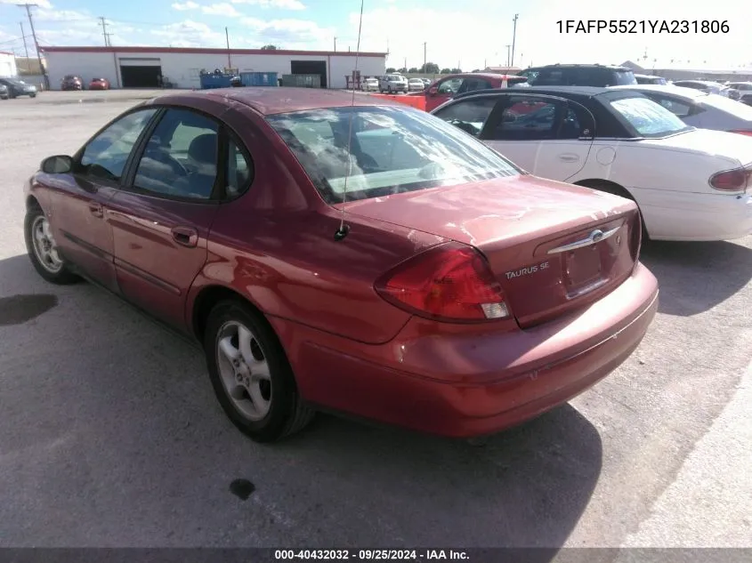 2000 Ford Taurus Ses VIN: 1FAFP5521YA231806 Lot: 40432032