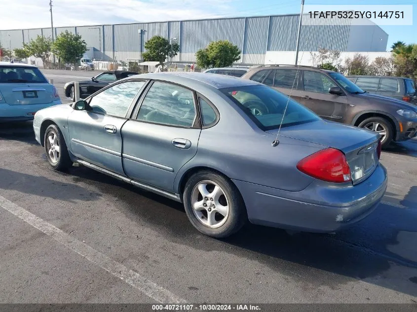 2000 Ford Taurus Se VIN: 1FAFP5325YG144751 Lot: 40721107