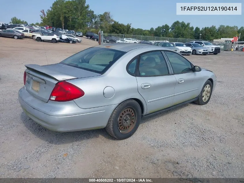 2002 Ford Taurus Lx VIN: 1FAFP52U12A190414 Lot: 40505202