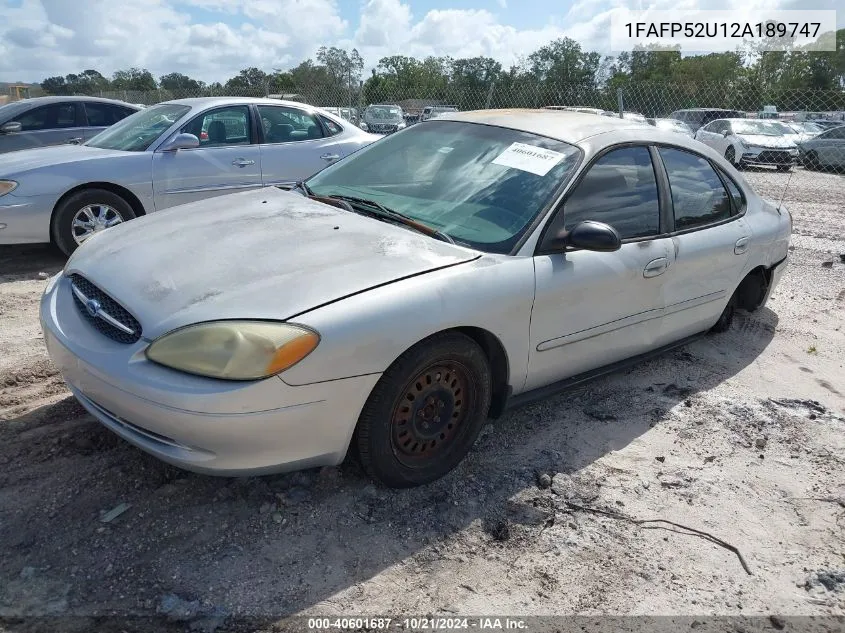 2002 Ford Taurus Lx VIN: 1FAFP52U12A189747 Lot: 40601687