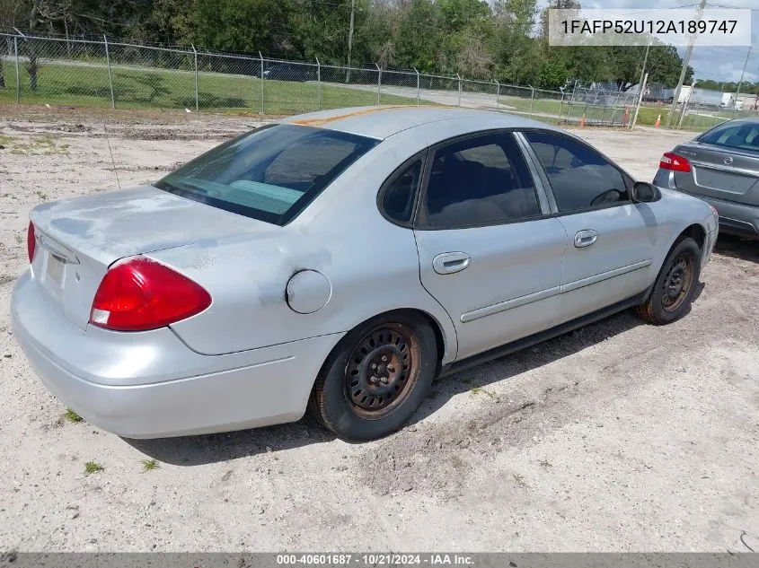 2002 Ford Taurus Lx VIN: 1FAFP52U12A189747 Lot: 40601687