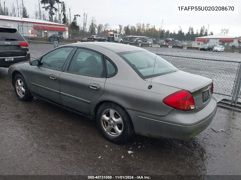 2002 Ford Taurus Ses VIN: 1FAFP55U02G208670 Lot: 40731059