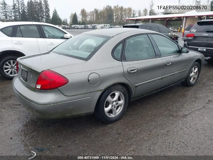 2002 Ford Taurus Ses VIN: 1FAFP55U02G208670 Lot: 40731059