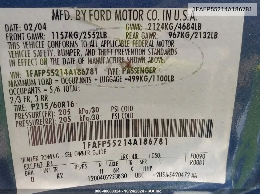 2004 Ford Taurus Ses VIN: 1FAFP55214A186781 Lot: 40603324