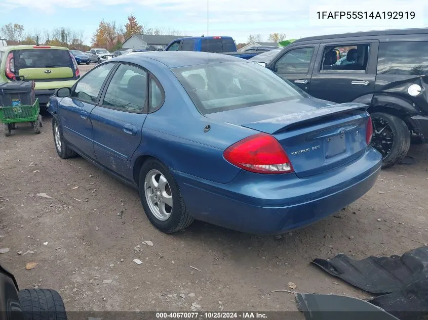 2004 Ford Taurus Ses VIN: 1FAFP55S14A192919 Lot: 40670077