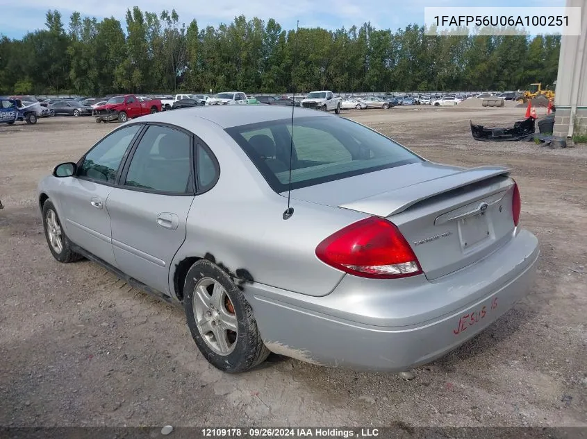 2006 Ford Taurus Sel VIN: 1FAFP56U06A100251 Lot: 12109178